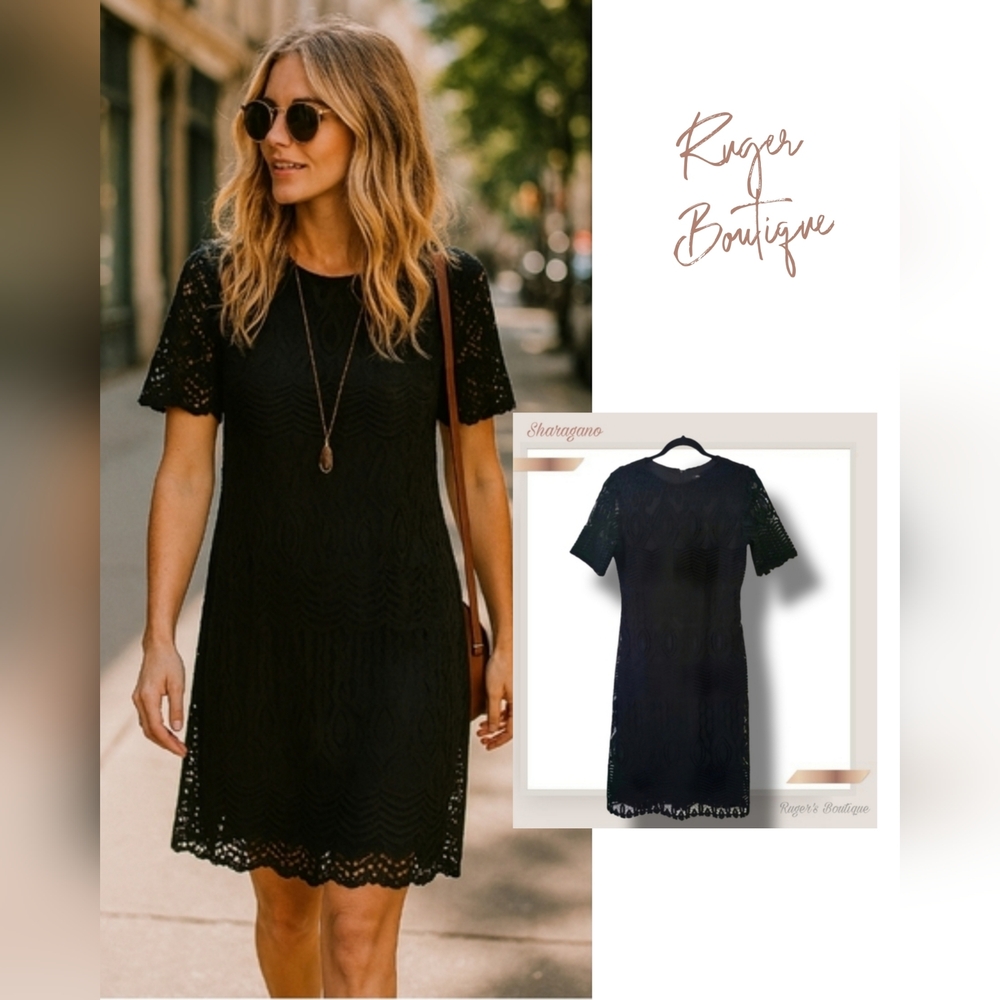 🌿Sharagano Women's Black Fully Line Crochet Dress size 6-So cute!